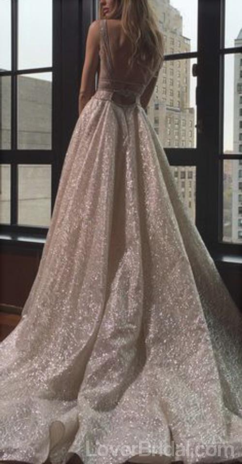 Sexy Backless Deep V Neck Sparkly A-line Long Evening Prom Dresses, Cheap Custom Sweet 16 Dresses, 18563