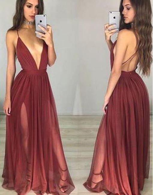 Sexy Backless Deep V Neckline Side Slit Chiffon Long Evening Prom Dresses, Popular Cheap Long Custom Party Prom Dresses, 17326