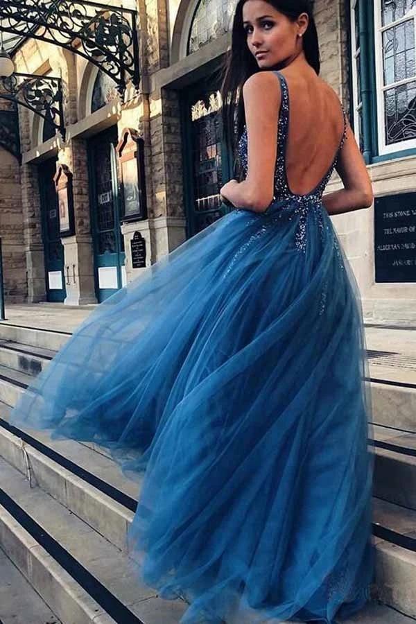 Sexy Backless Grey Blue A-line Long Evening Prom Dresses, Evening Party Prom Dresses, 12299