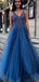 Sexy Backless Grey Blue A-line Long Evening Prom Dresses, Evening Party Prom Dresses, 12299