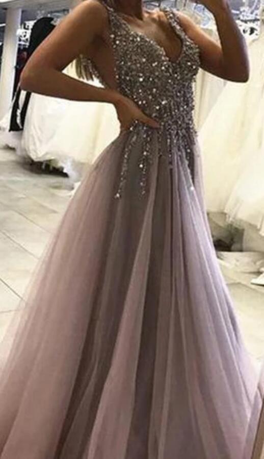 Sexy Backless Grey V Neck Beaded Long Custom Evening Prom Dresses, 17437