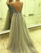 Sexy Backless Grey V Neck Beaded Long Custom Evening Prom Dresses, 17437