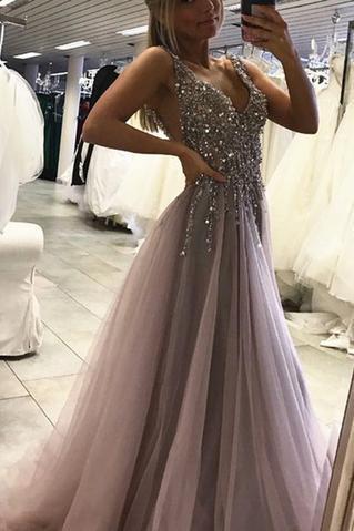 Sexy Backless Grey V Neck Beaded Long Custom Evening Prom Dresses, 17437