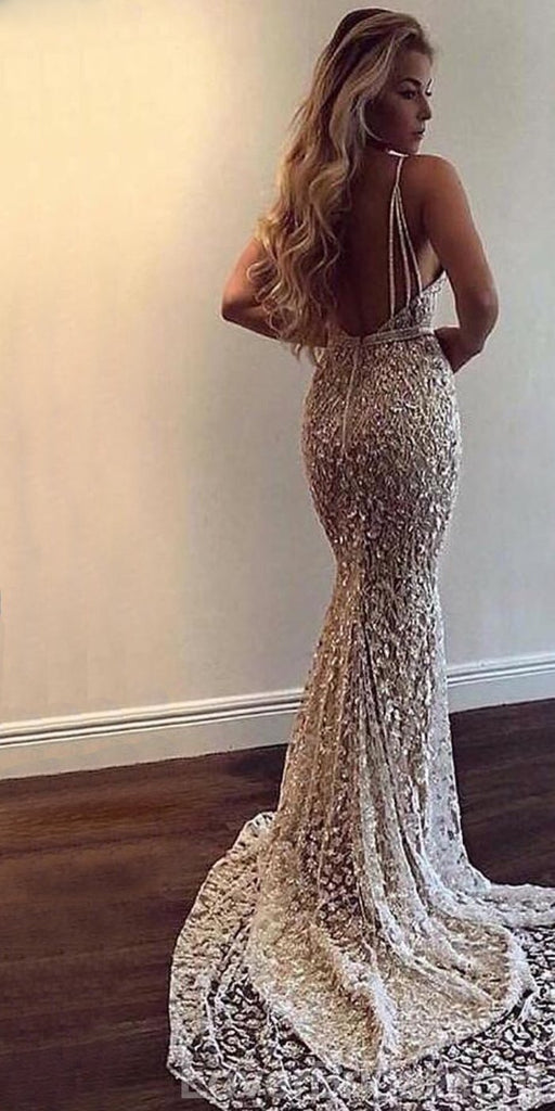 Sexy Backless Lace Beaded Mermaid Long Evening Prom Dresses, Cheap Custom Sweet 16 Dresses, 18566