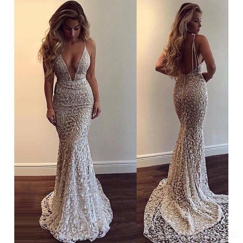 Sexy Backless Lace Beaded Mermaid Long Evening Prom Dresses, Cheap Custom Sweet 16 Dresses, 18566