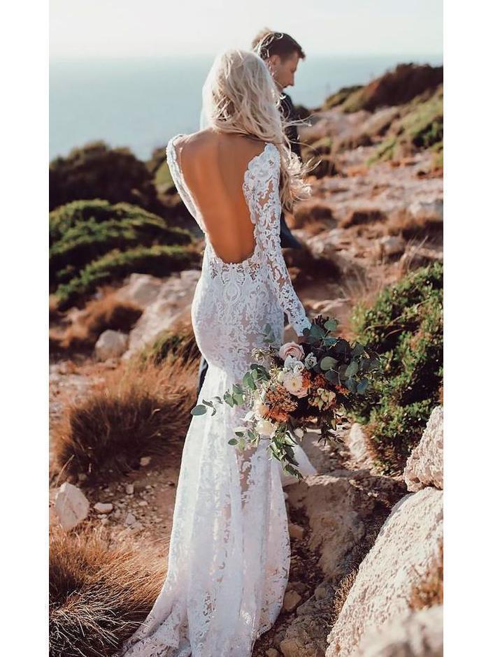 Sexy Backless Lace Mermaid Cheap Wedding Dresses Online, Long Sleeves Bridal Dresses, WD441