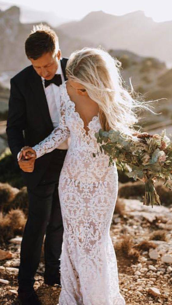 Sexy Backless Lace Mermaid Cheap Wedding Dresses Online, Long Sleeves Bridal Dresses, WD441
