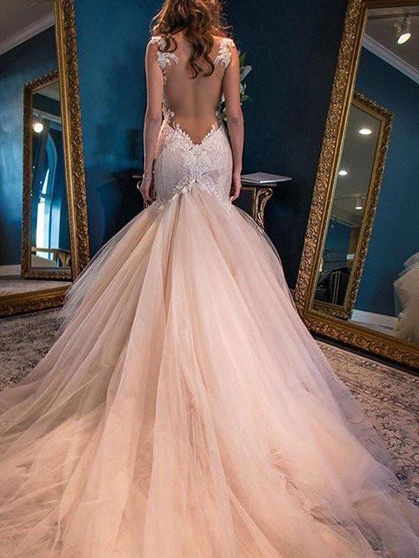 Sexy Backless Lace Mermaid Wedding Dresses, 2017 Tulle Cheap Wedding Gown, Affordable Bridal Dresses, 17089