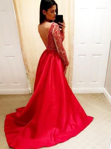 Sexy Backless Long Sleeves Beaded V Neck A-line Long Evening Prom Dresses, 17638