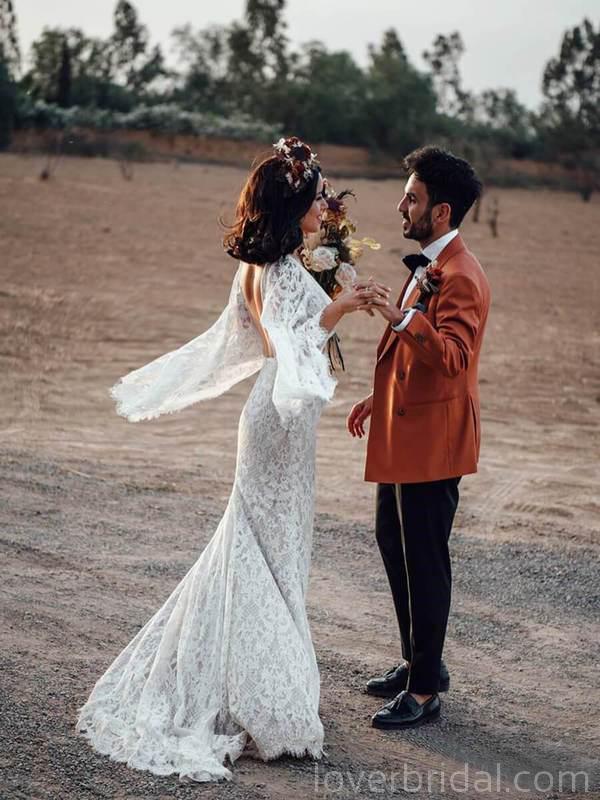 Sexy Backless Long Sleeves Mermaid Long Wedding Dresses Online, Cheap Bridal Dresses, WD538