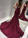 Sexy Backless Maroon Sequin Mermaid Side Slit Long Evening Prom Dresses, Sparkly Sweet 16 Dresses, 18341