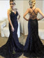 Sexy Backless Navy Lace Mermaid Long Evening Prom Dresses, 17698