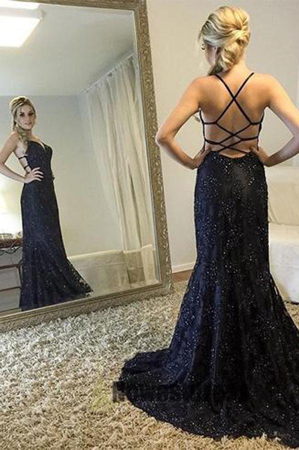 Sexy Backless Navy Lace Mermaid Long Evening Prom Dresses, 17698