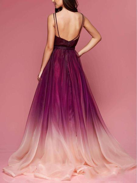 Sexy Backless Ombre Tulle A-line Long Evening Prom Dresses, Cheap Custom Sweet 16 Dresses, 18564