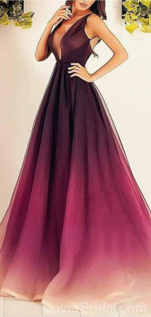 Sexy Backless Ombre Tulle A-line Long Evening Prom Dresses, Cheap Custom Sweet 16 Dresses, 18564