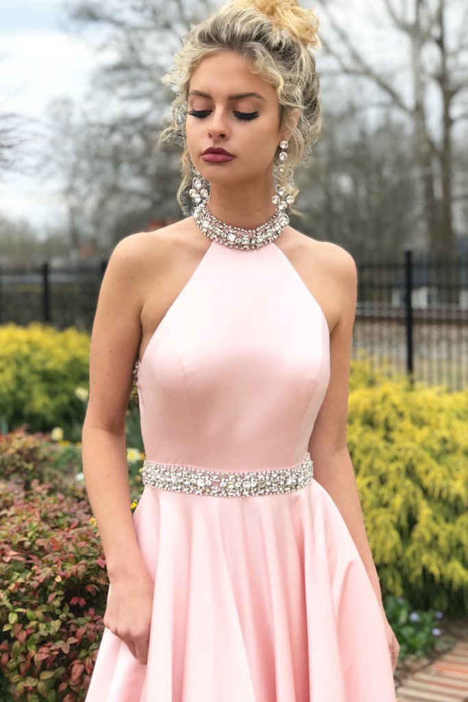 Sexy Backless Pink Halter A-line Long Evening Prom Dresses, 17685