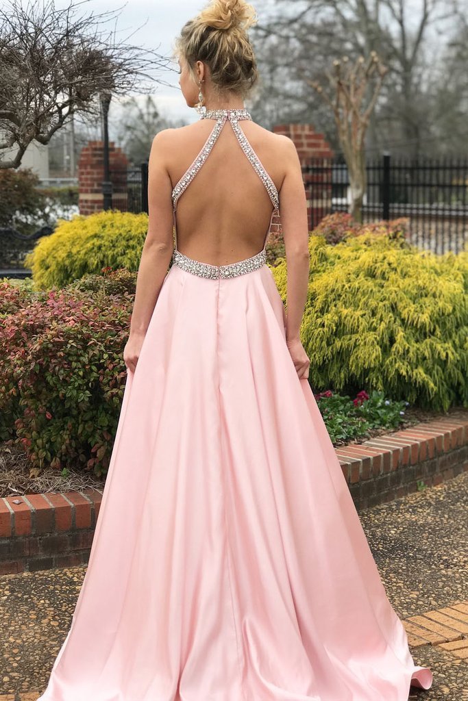 Sexy Backless Pink Halter A-line Long Evening Prom Dresses, 17685