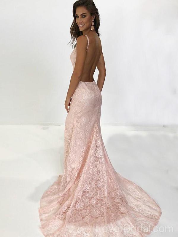 Sexy Backless Pink Lace Mermaid Long Evening Prom Dresses, Cheap Custom Sweet 16 Dresses, 18545