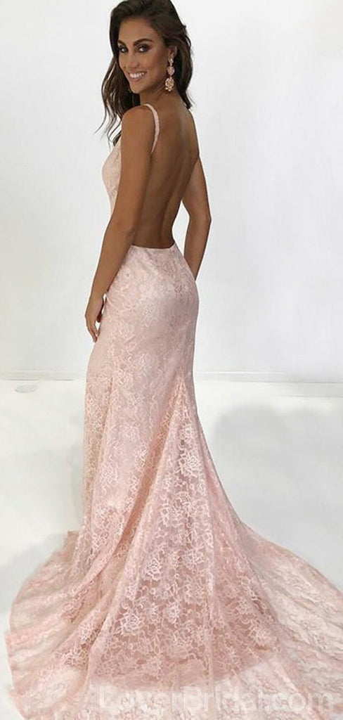 Sexy Backless Pink Lace Mermaid Long Evening Prom Dresses, Cheap Custom Sweet 16 Dresses, 18545