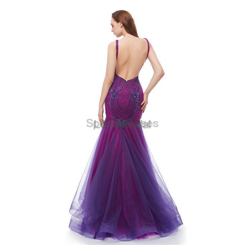 Sexy Backless Purple V Neck Mermaid Evening Prom Dresses, Evening Party Prom Dresses, 12107