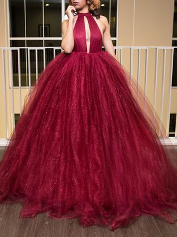 Sexy Backless Red Ball Gown Long Evening Prom Dresses, 17561