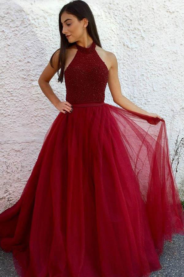 Sexy Backless Red Halter Beaded A-line Long Evening Prom Dresses, 17686