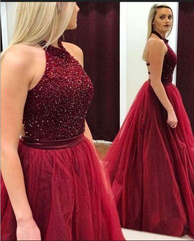 Sexy Backless Red Halter Beaded A-line Long Evening Prom Dresses, 17686