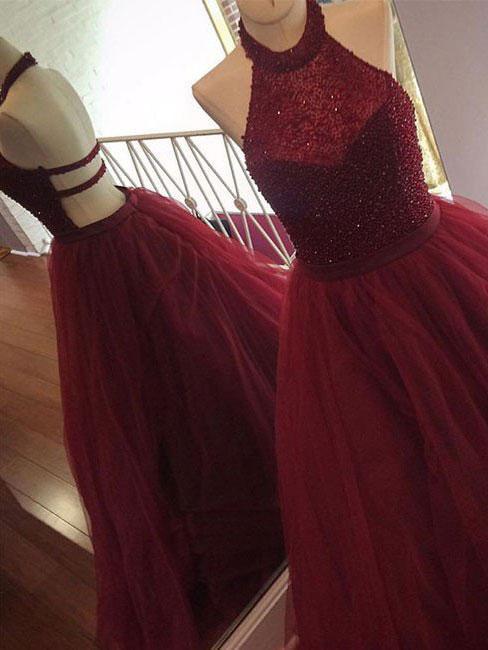 Sexy Backless Red Halter Bodice Beaded A line Tulle Long Custom Evening Prom Dresses, 17395