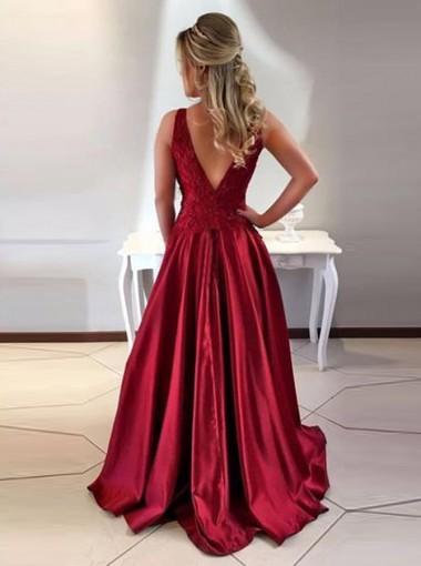 Sexy Backless Red Lace Illusion A-line Long Evening Prom Dresses, 17589