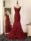 Sexy Backless Red Lace Mermaid Long Evening Prom Dresses, 17660