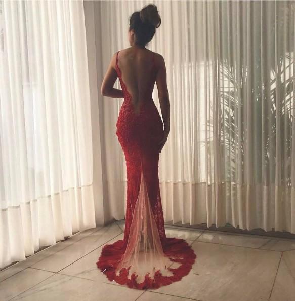 Sexy Backless Red Lace Side Slit Deep V Neckline Mermaid Long Evening Prom Dresses, 17531