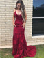 Sexy Backless Red Mermaid Lace  Long Evening Prom Dresses, 17688