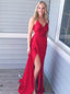 Sexy Backless Red Side Slit Mermaid Long Evening Prom Dresses, 17612