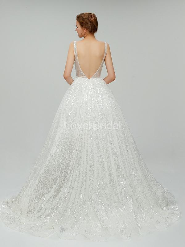 Sexy Backless Sequin V Neck Cheap Wedding Dresses Online, Cheap Bridal Dresses, WD551