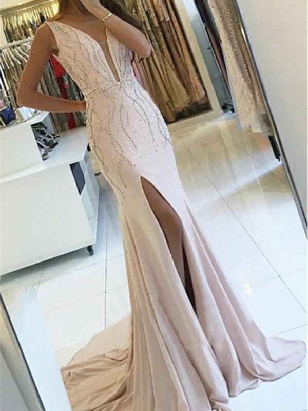 Sexy Backless Side Slit Deep V Neck Mermaid Long Evening Prom Dresses, 17592