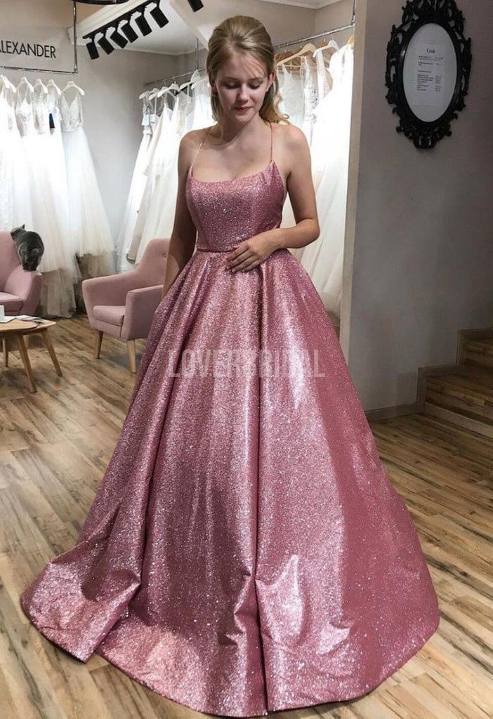 Sexy Backless Spaghetti Straps Pink Glitter Long Evening Prom Dresses, Evening Party Prom Dresses, 12284