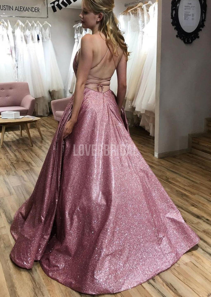Sexy Backless Spaghetti Straps Pink Glitter Long Evening Prom Dresses, Evening Party Prom Dresses, 12284