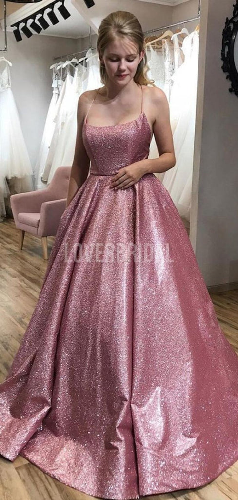 Sexy Backless Spaghetti Straps Pink Glitter Long Evening Prom Dresses, Evening Party Prom Dresses, 12284