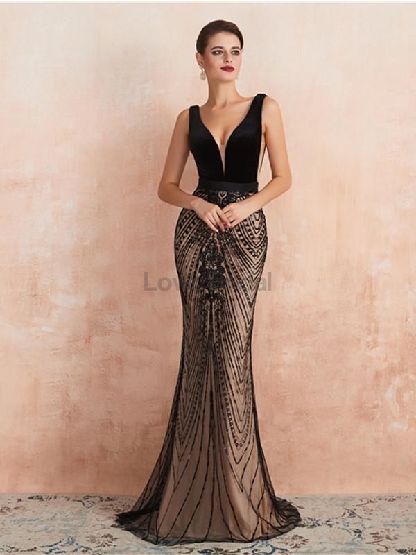 Sexy Backless V Neck Black Evening Prom Dresses, Evening Party Prom Dresses, 12132