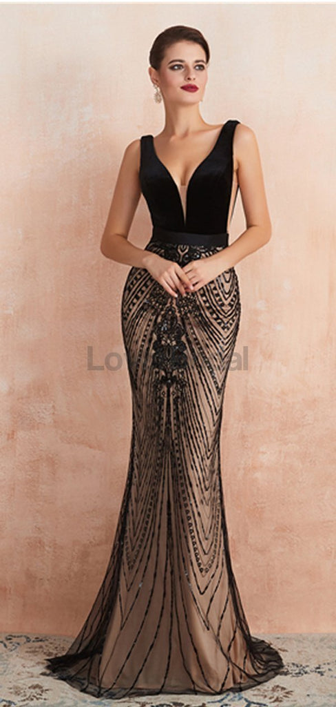 Sexy Backless V Neck Black Evening Prom Dresses, Evening Party Prom Dresses, 12132