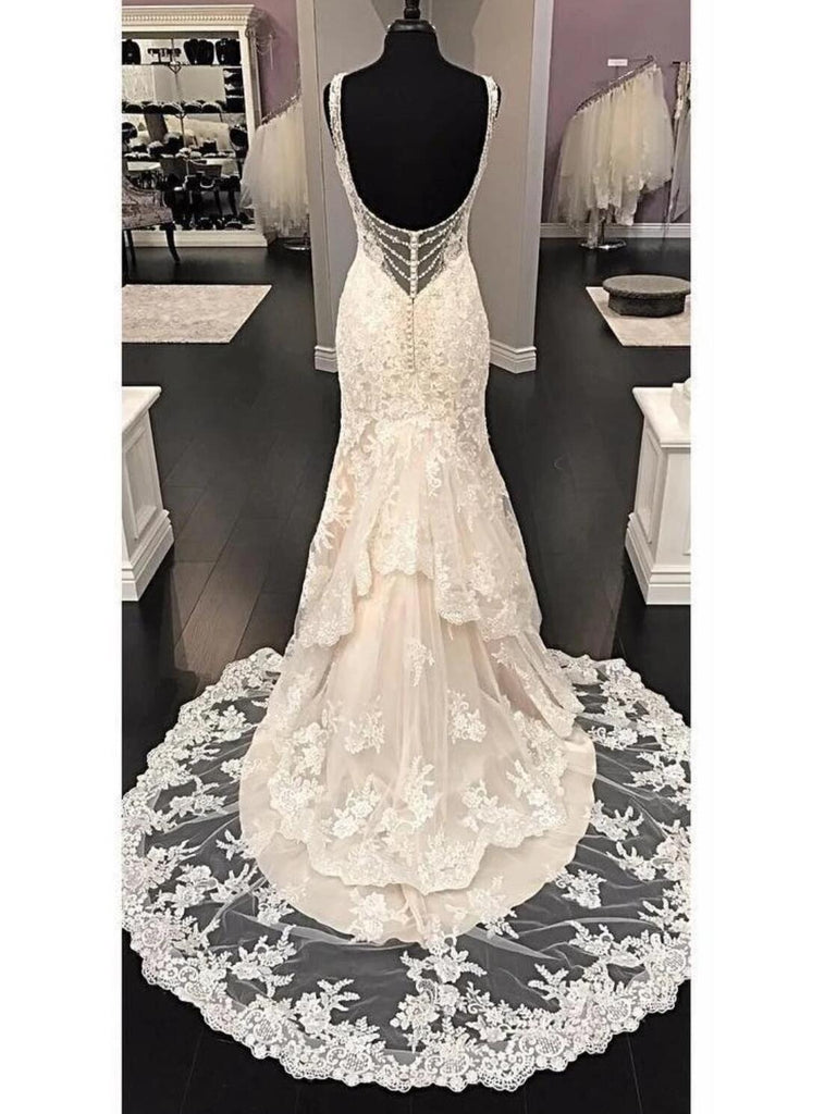 Sexy Backless V Neck Lace Mermaid Wedding Dresses Online, Cheap Bridal Dresses, WD636