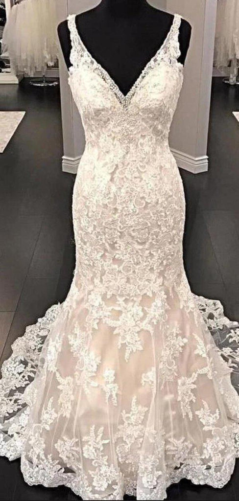 Sexy Backless V Neck Lace Mermaid Wedding Dresses Online, Cheap Bridal Dresses, WD636