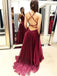 Sexy Backless V Neck Maroon Long Evening Prom Dresses, Cheap Custom Sweet 16 Dresses, 18454