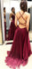 Sexy Backless V Neck Maroon Long Evening Prom Dresses, Cheap Custom Sweet 16 Dresses, 18454