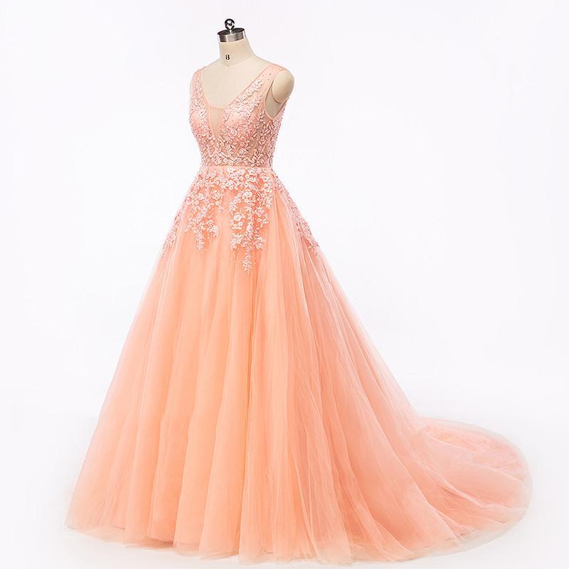 Sexy Backless V Neckline Lace A line Peach Long Evening Prom Dresses, Popular Cheap Long 2022 Party Prom Dresses, 17227