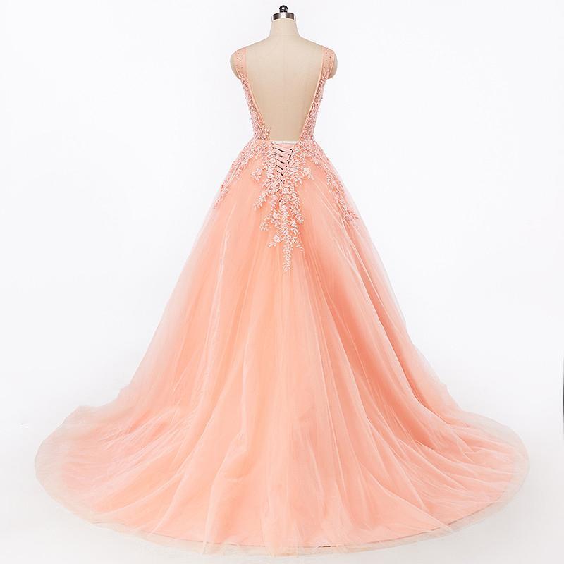 Sexy Backless V Neckline Lace A line Peach Long Evening Prom Dresses, Popular Cheap Long 2022 Party Prom Dresses, 17227