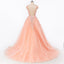 Sexy Backless V Neckline Lace A line Peach Long Evening Prom Dresses, Popular Cheap Long 2022 Party Prom Dresses, 17227