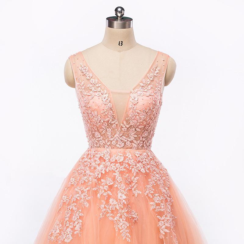 Sexy Backless V Neckline Lace A line Peach Long Evening Prom Dresses, Popular Cheap Long 2022 Party Prom Dresses, 17227