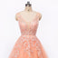 Sexy Backless V Neckline Lace A line Peach Long Evening Prom Dresses, Popular Cheap Long 2022 Party Prom Dresses, 17227
