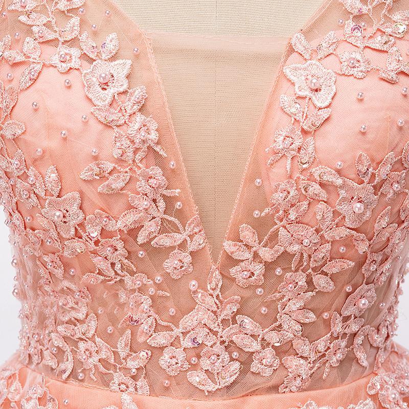 Sexy Backless V Neckline Lace A line Peach Long Evening Prom Dresses, Popular Cheap Long 2022 Party Prom Dresses, 17227